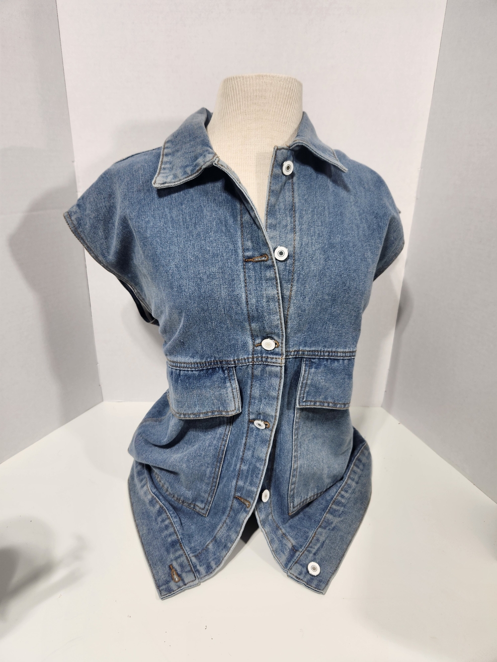 Sleeveless Blue Denim Button-Front Shirt